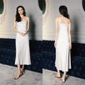 Detail view of white satin slip dress showing smooth silk-like texture and elegant drape - 2878 White / M