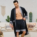 Men's black satin baroque robe set with floral trim and matching shorts in silk finish - 2XL / Dark Night Grey