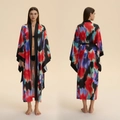 Women's satin long robe with abstract colorful print and black contrast trim detail - One Size / Abstract Nebula