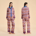 Set pigiama in raso stampa ikat etnica con base arancione e dettagli blu a contrasto - S / Blu Arancio Etnico