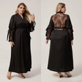 Women's black satin plus size robe featuring lace trim cuffs and waist tie detail - 1XL / Black