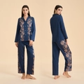 Women's dark blue satin pajama set with vintage floral print on sleeves and pants - Navy Floral