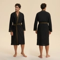 Men's black cotton robe with golden geometric patterns on cuffs and collar front and back view - M / Black