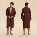 Men's brown cloud cotton robe with ethnic print trim, front and back studio view - M / Coffee