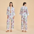 Pijama de dos piezas de satén floral para mujer con bata kimono y pantalón largo - S / Flores Coloridas
