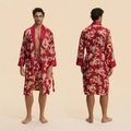 Men's red satin robe set with golden baroque patterns and matching shorts for home - L / Burgundy