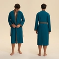 Men's teal long-sleeve robe in soft cloud cotton with geometric patterns on collar and cuffs - XL / Sea Blue