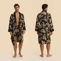Men's two-piece black satin sleepwear set with gold baroque pattern and matching shorts - L / Black