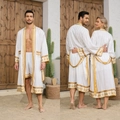 Men's white satin bathrobe set with golden baroque print and matching shorts outfit - 2XL / White Wall Gold
