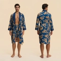 Men's royal blue silk robe set with gold baroque patterns and matching shorts - L / Royal Blue