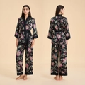 Two-piece black floral satin pajama set with long-sleeve robe and matching trousers - Night Banquet