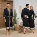 Men's black satin baroque print bathrobe set with long sleeves and luxurious gold trim - 2XL / Ink Gold Glow