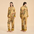 Set pigiama in raso dorato con stampa floreale e uccelli, top a maniche lunghe e pantaloni - S / Uccello d'Oro Floreale