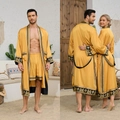 Men's baroque golden satin robe and shorts set with black fleur-de-lis patterns - Black Cloud Woven Gold