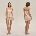 Damen Schlafanzug-Set aus champagnerfarbenem Satin mit Camisole und kurzen Shorts - S / Champagner
