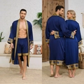 Deep blue satin luxury bathrobe set for men with golden baroque patterns and matching shorts - Starry Blue