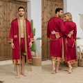 Deep red satin Baroque pajamas set for men with golden vintage palace patterns - Flame Crimson