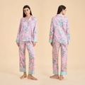 Elegant pink floral silk pajamas set with mint green trim and button-up long sleeve shirt - Crimson Branch Blue