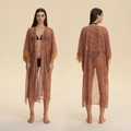 Kimono in chiffon marrone con stampa geometrica retrò e dettagli di frange sulle maniche - Taglia Unica / Nilo Geroglifico