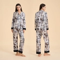 Women's pajama set featuring brown floral paisley print and black silk trim accents - Black Vine Fancy