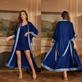 Dunkelblauer Satin-Schlafanzug mit Blumensaum, Robe und Unterkleid Set für Damen - Einheitsgröße / Oberteile / Traumsee-Reich (Nur Mantel)