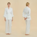 Lussuoso set pigiama in raso bianco con piume rimovibili e cintura in vita da donna - S / Bianco