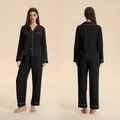 Set pigiama da donna in raso nero con maniche lunghe e profili bianchi a contrasto - L / Nero (Donna)