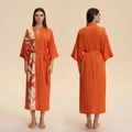 Elegant bright orange satin long kimono robe with white tropical leaf prints and waist tie - One Size / Orange with Yellow Leaf
