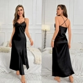 Elegant black satin slip nightgown with lace trim and high slit detail for women - S / Black