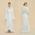 Elegant white satin long robe with luxurious feather trim on cuffs and hem for brides - One Size / White
