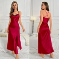 Elegant red satin nightgown with black lace trim, high slit, and crisscross back design - S / Burgundy