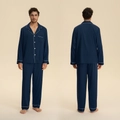 Men's dark blue satin pajama set with long sleeves and pants featuring white piping detail - M / Top And Bottom / Navy Blue