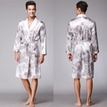 Men's silver satin robe featuring dragon prints, shawl collar, and a matching waist belt - Gray