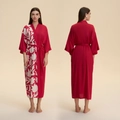 Red kimono robe featuring white tropical leaf prints and a stylish self-tie waist belt - One Size / Red with White Leaf