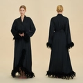 Luxurious black satin long robe featuring elegant feather trim on cuffs and hemline - One Size / Black
