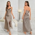 Bronze ice silk nightgown with black lace trim and cross-back detail in elegant satin - S / Camel