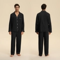 Men's black satin pajama set with white contrast piping, long sleeve top and pants - 2XL / Top And Bottom / Black