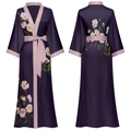 Peignoir en satin violet foncé pour femme avec imprimé fleuri et liseré rose - Taille unique / Lueur Pourpre (Violet Foncé & Bordure Rose)