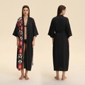 Women's black satin kimono robe with artistic floral print and elegant belted long design - One Size / Black with Red Flower