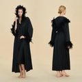 Elegant black satin long bridal robe with luxury feather trim on hood and sleeves - One Size / 4010 Hooded Style (WP4010) / Black