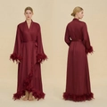 Elegant burgundy long satin robe with feather trim and matching waist tie for women - One Size / Burgundy