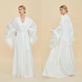 Luxurious white satin bridal robe with wide feathered cuffs and elegant matching waist belt - S / White