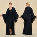 Elegant black silk satin robe set with luxury feather trim sleeves and long slip dress - S / Black