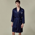 Men's navy blue silk satin long sleeve robe with white contrast piping and embroidery - Navy Blue 1345