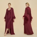 Luxurious burgundy satin robe set with elegant feather cuffs and silk nightgown - S / Burgundy