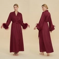 Luxurious burgundy satin robe with elegant feather trim sleeves and waist belt - One Size / Style 4013 (WP4013) / Burgundy