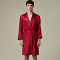 Men's luxury red satin robe with long sleeves and contrasting white trim detail - Wine Red 1345
