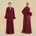 Luxurious wine red satin bridal robe featuring elegant feather trim sleeves and sash - S / Burgundy