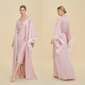 Pink silk bridal robe set with elegant feather cuffs and matching camisole dress - S / Pink