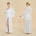 Elegant long white chiffon bridal robe with delicate lace cuffs and matching silk belt - One Size / White